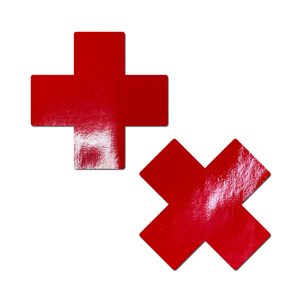 Pastease Plus X Faux Latex Pleather Vinyl Red Cross Pasties in glossy red finish, perfect for festivals and intimate occasions.