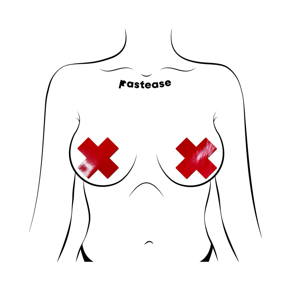 Pastease Plus X Faux Latex Pleather Vinyl Red Cross Pasties on a stylized body illustration.