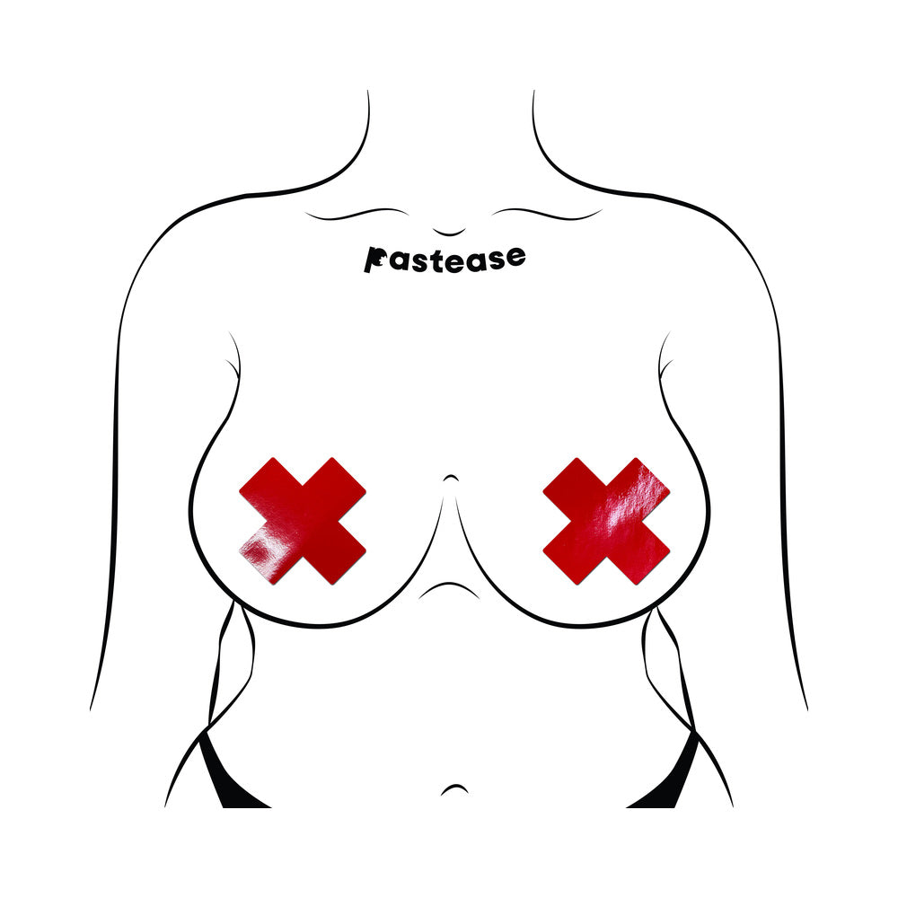 Pastease Plus X Faux Latex Pleather Vinyl Red Cross Pasties on a body illustration with bold red crosses.