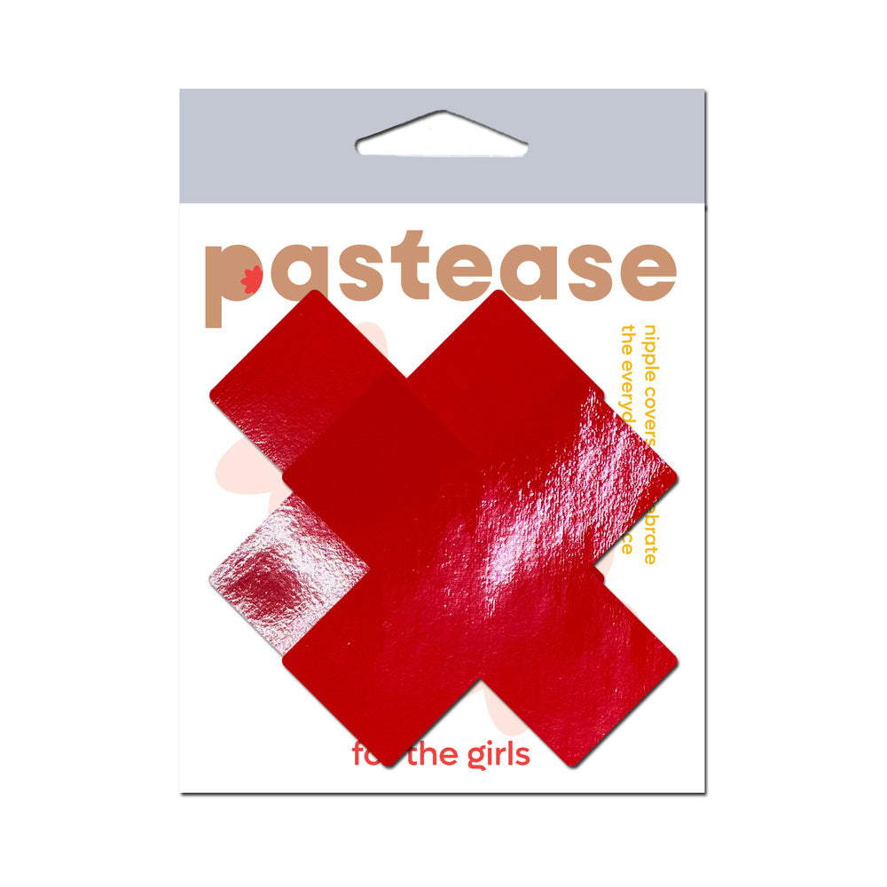 Pastease Plus X Faux Latex Pleather Vinyl Red Cross Pasties packaging featuring bold red cross design.