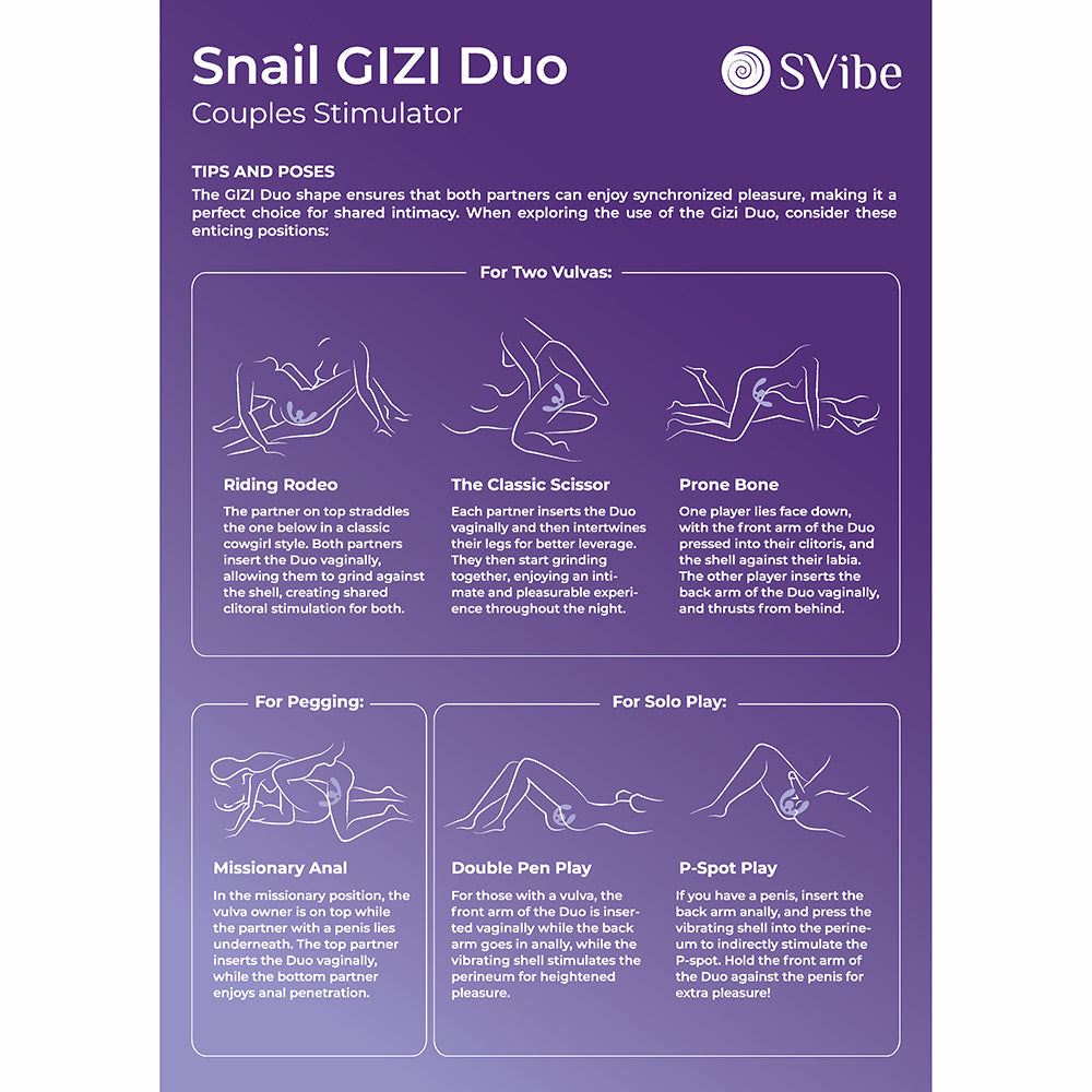 Snail GIZI Duo Couples Stimulator tips and poses for synchronized pleasure and intimacy experience.