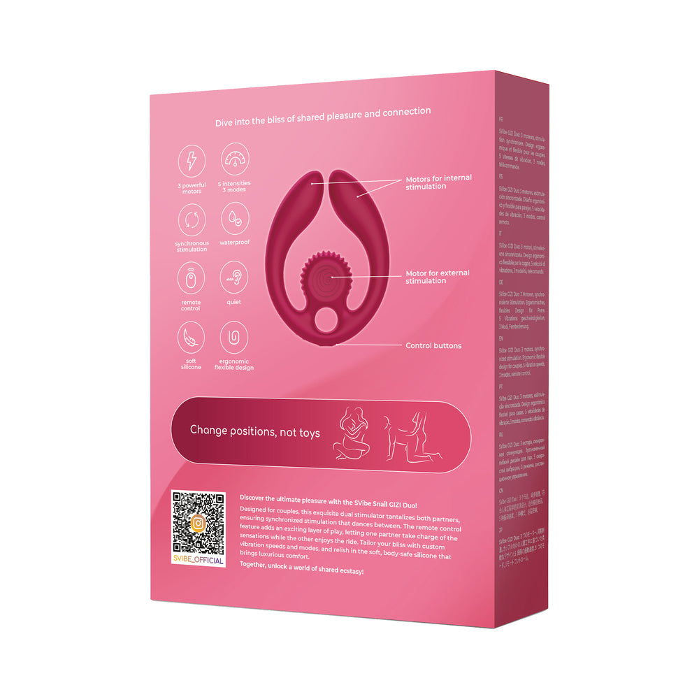 SVibe Snail GIZI Duo Couples Stimulator Burgundy packaging with features and instructions.