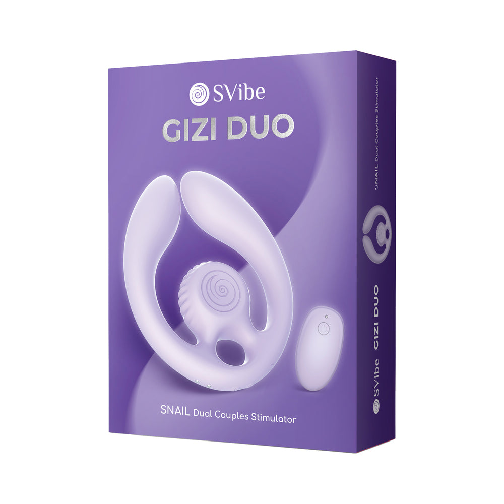 SVibe Snail GIZI Duo Couples Stimulator Lilac packaging showcasing dual stimulator for couples.