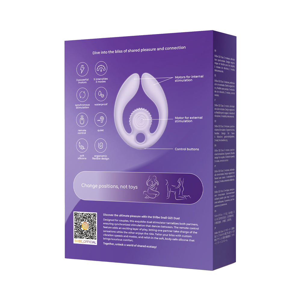 SVibe Snail GIZI Duo Couples Stimulator Lilac packaging showcasing features and usage for enhanced shared pleasure.