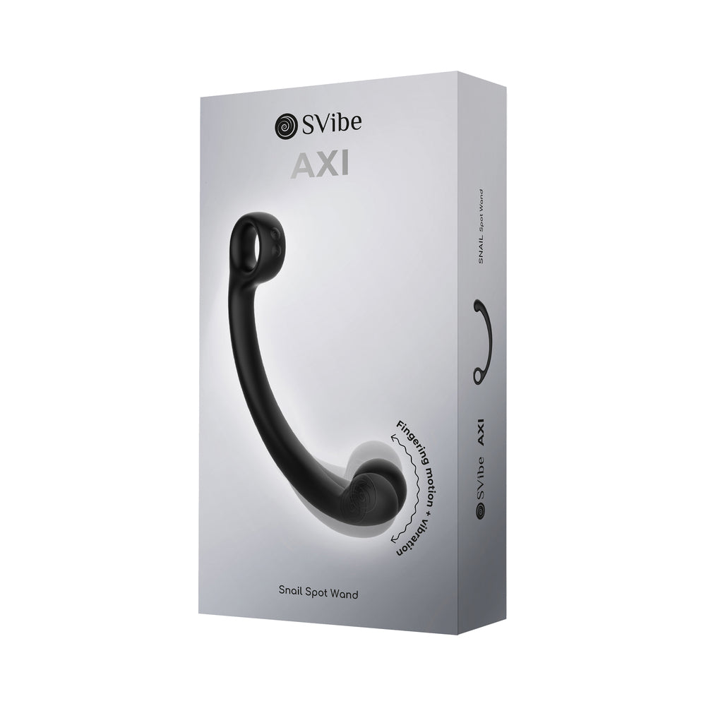 SVibe Snail AXI Spot Wand Vibrator Granite Noir packaging showing product design and features.