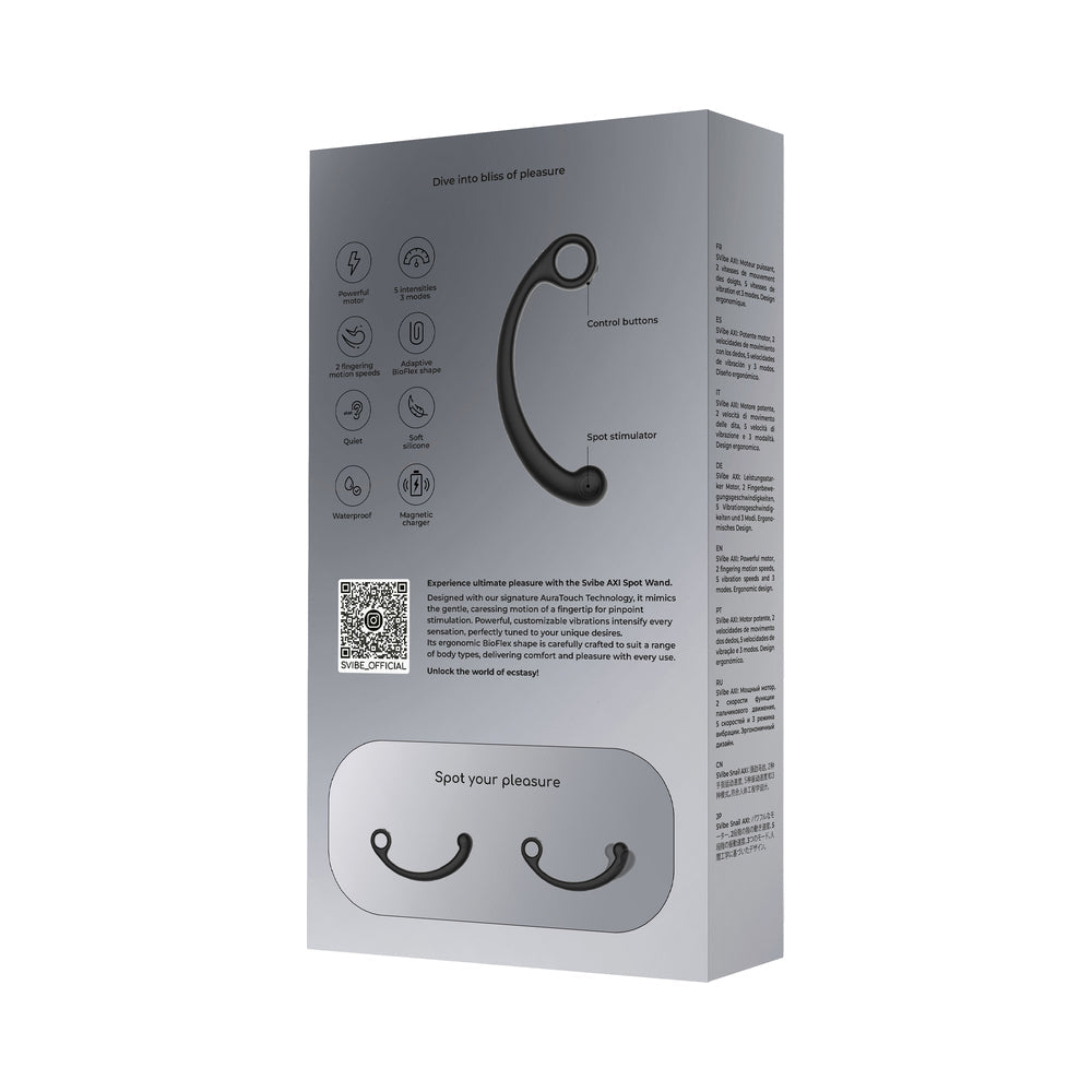 SVibe Snail AXI Spot Wand Vibrator Granite Noir packaging with features and details.