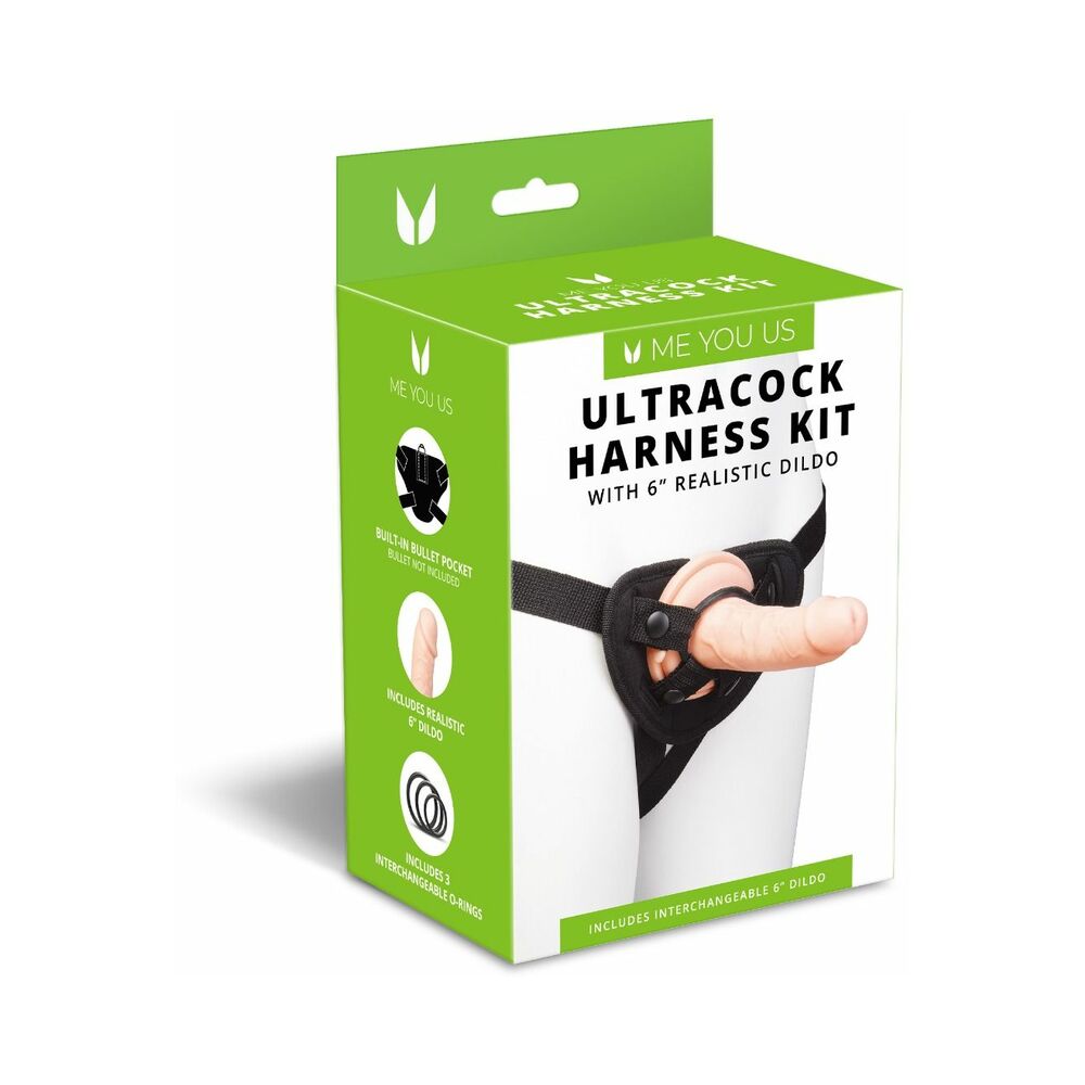 Me You Us Ultracock Harness Kit packaging with adjustable strap-on harness and 6 inch realistic dildo.