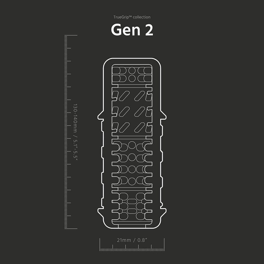 The Handy TrueGrip Gen 2 Masturbator Sleeve Clear design illustration with dimensions and texture details.
