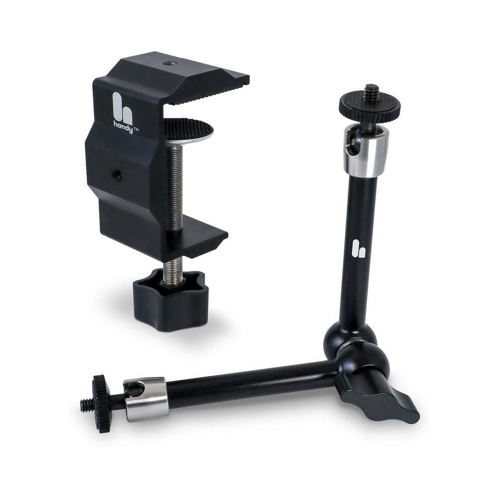 The Handy Handsfree Desk Mount showing durable clamp and adjustable arm for hands-free device positioning.