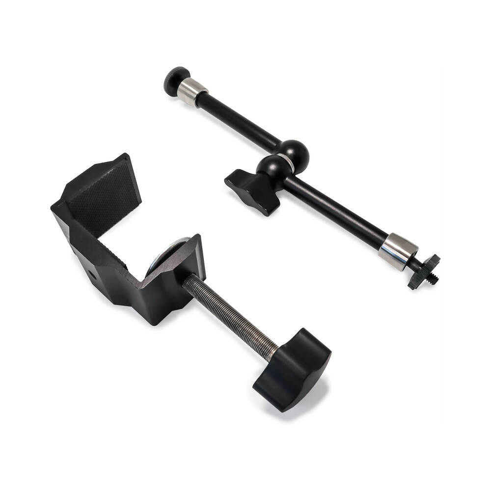 The Handy Handsfree Desk Mount components showing sturdy clamp and adjustable arm for hands-free device holding.