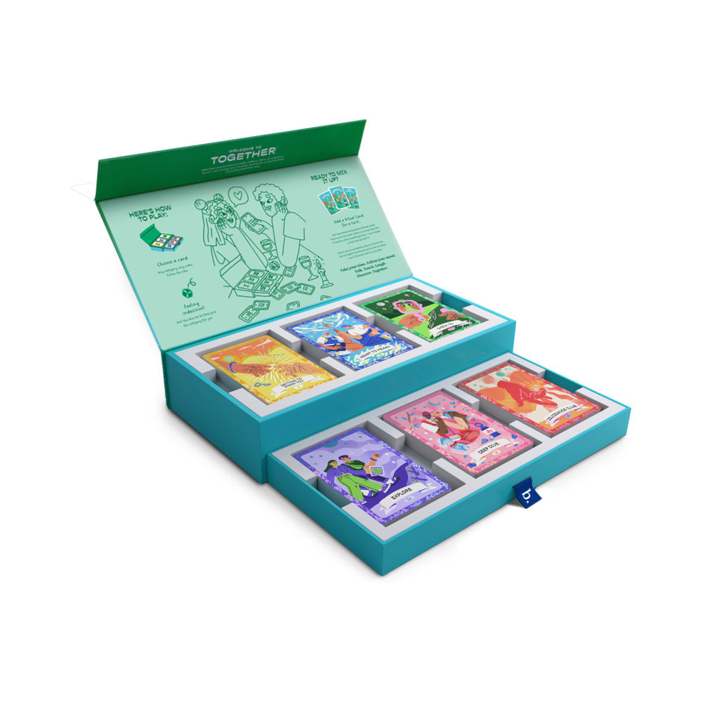 Biird X Jouissance Club Together Couples Card Game open box showcasing cards designed for connection and conversation.