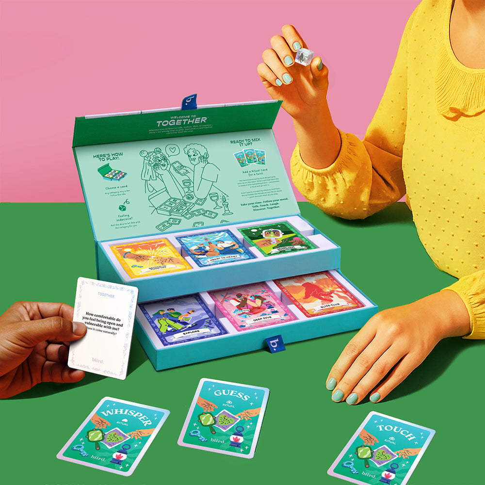 Biird X Jouissance Club Together Couples Card Game visually displayed with colorful cards and instructions for play.
