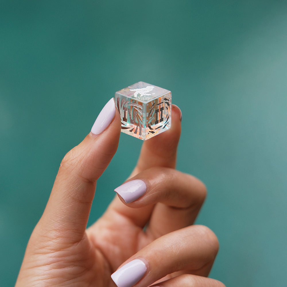 A hand holding a clear dice-like cube with intricate designs, symbolizing fun and creativity.