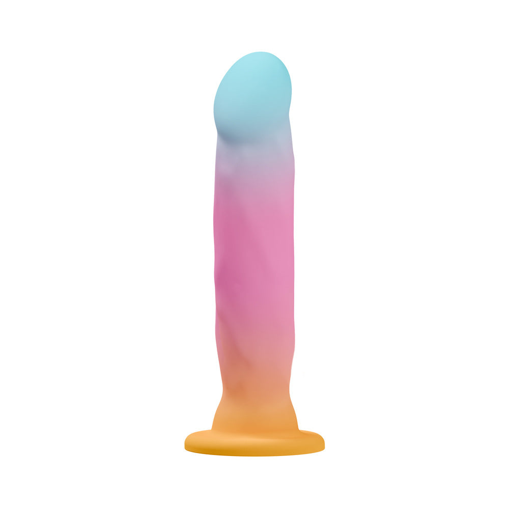 Avant Golden Dawn Silicone Artisan Dildo showcasing a vibrant blend of colors for unique pleasure experiences.