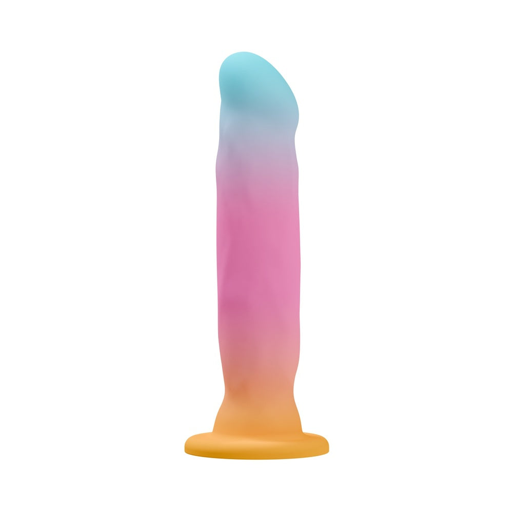 Avant Golden Dawn Silicone Artisan Dildo in a gradient of blue, pink, and orange, designed for body-focused stimulation.