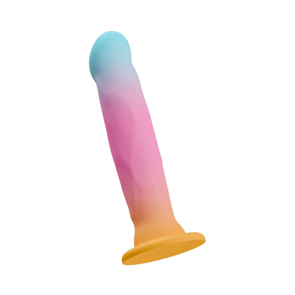 Avant Golden Dawn Silicone Artisan Dildo with vibrant gradient colors and a sculpted design for pleasure.