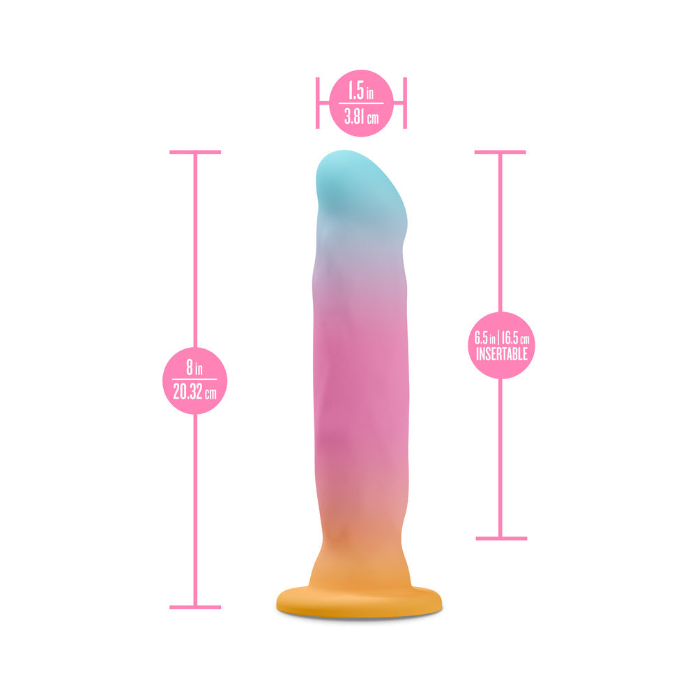 Avant Golden Dawn Silicone Artisan Dildo, 8 inches long, 1.5 inches wide, with a gradient color design.