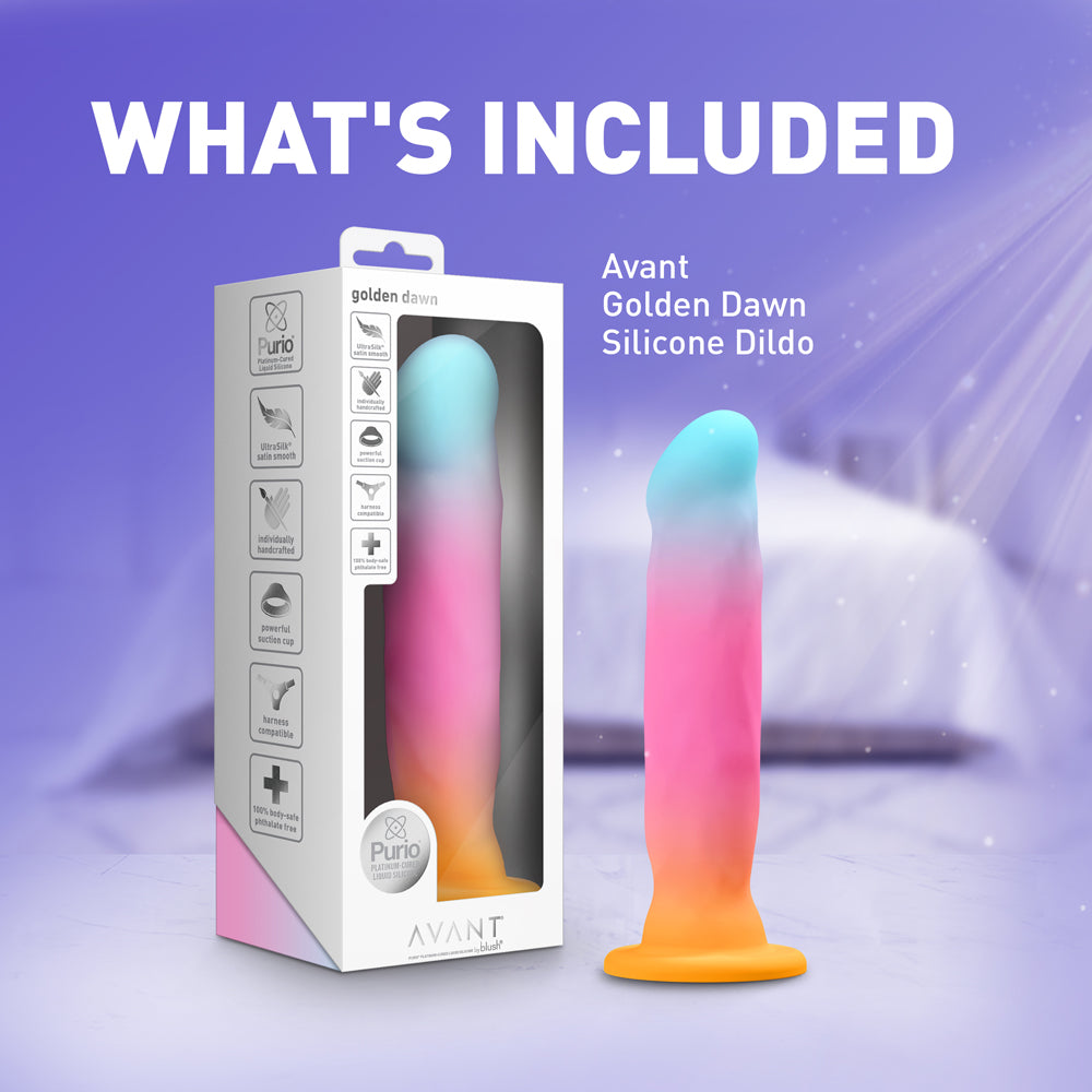 Avant Golden Dawn Silicone Artisan Dildo in packaging with vibrant colors, showcasing unique design and features.