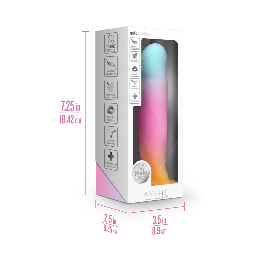 Avant Golden Dawn Silicone Artisan Dildo in packaging showcasing its size and design details.