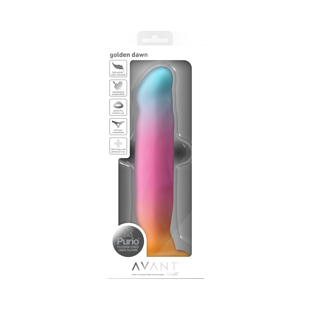Avant Golden Dawn Silicone Artisan Dildo packaging showcasing its artistic design and body-safe features.