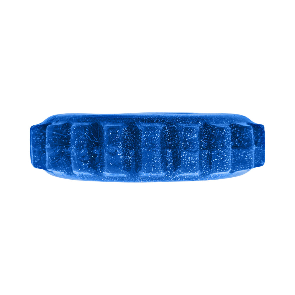 Oxballs Plushy Single Ring Blue Fire side view showcasing the soft, squishy blue design with a metallic finish.