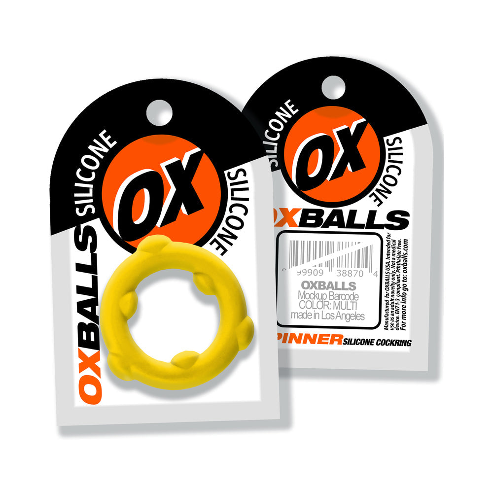 Oxballs Spinner Single Silicone Ring Yellow packaging showcasing a yellow silicone cockring with brand logo.