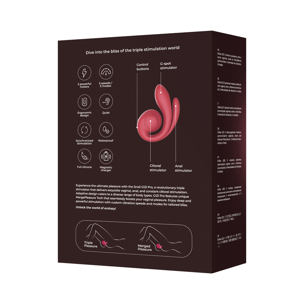 SVibe Snail Gizi Pro Triple Vibrator Bordeaux packaging showcasing features and benefits of the triple stimulation experience.