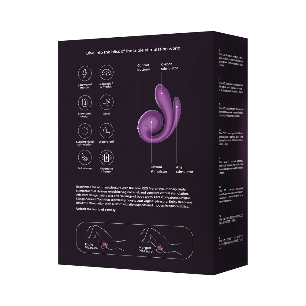 SVibe Snail Gizi Pro Triple Vibrator Grape packaging showcasing features and benefits for ultimate pleasure.