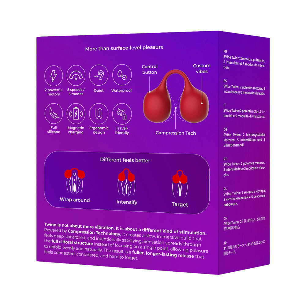 Svibe Snail Twinn Finger Vibrator Cherry packaging showcasing features and design with Compression Technology.