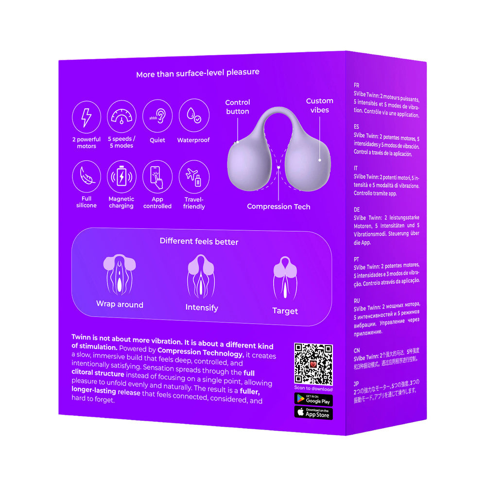 Svibe Snail Twinn Finger Vibrator Lilac App-enabled packaging with features and specifications