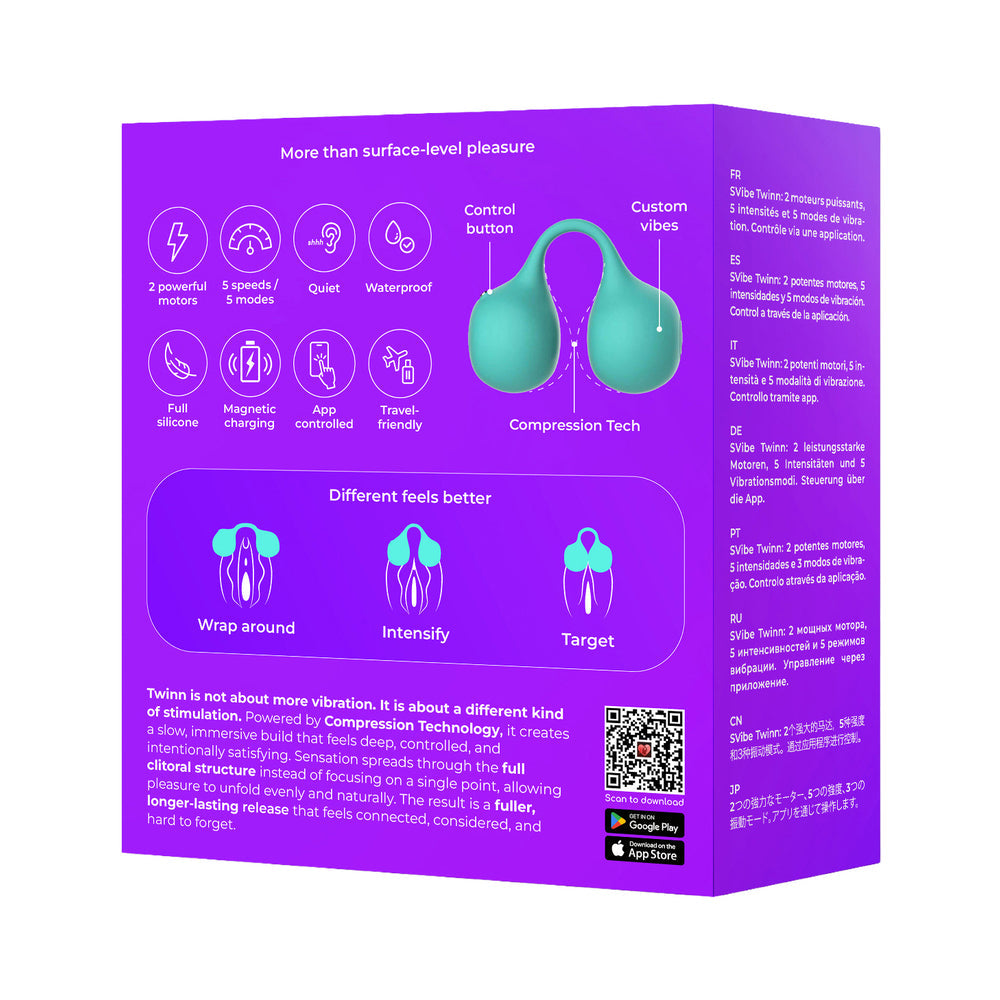 Svibe Snail Twinn Finger App Vibrator Tiffany packaging featuring compression technology and control functions.