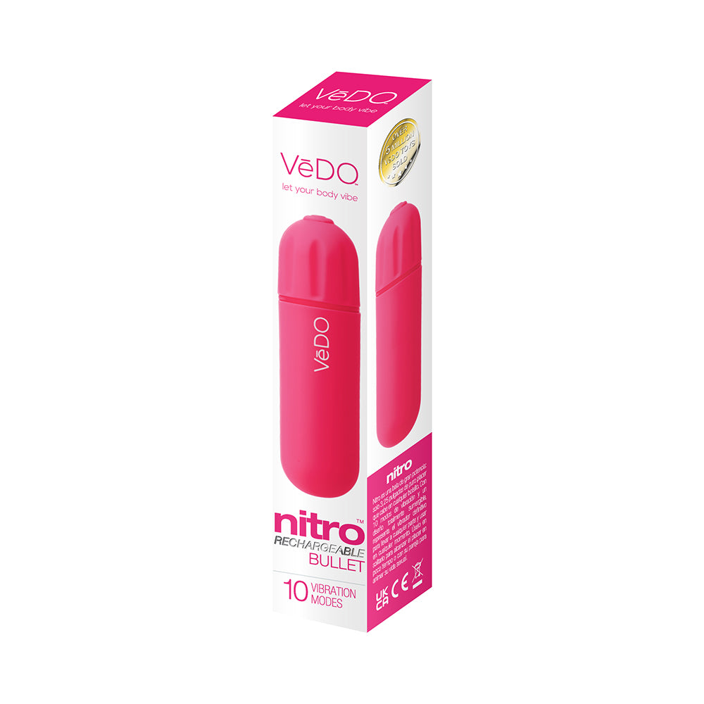 VeDO Nitro Rechargeable Bullet Vibe Pink packaging showcasing its compact design and 10 vibration modes.