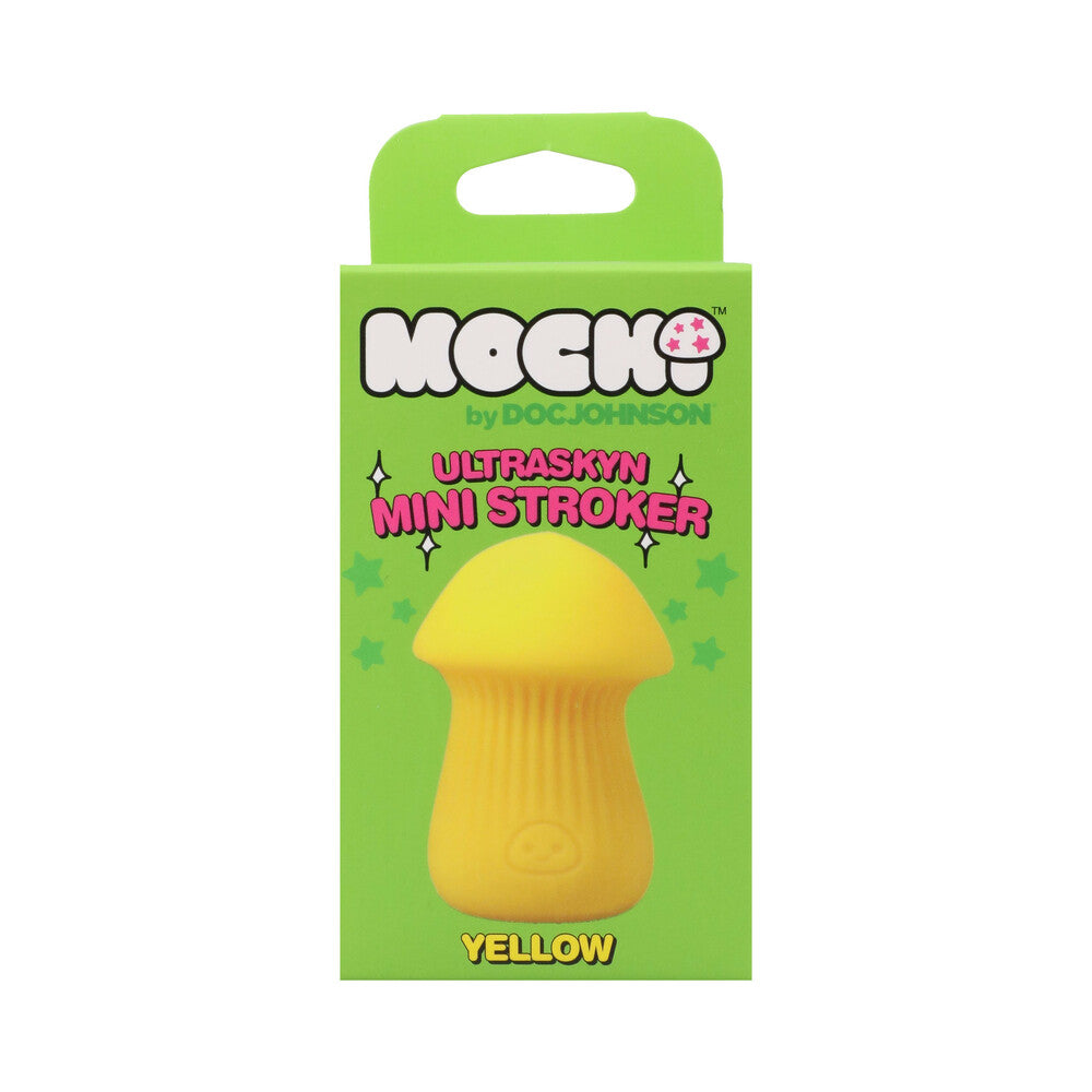 Mochi ULTRASKYN Mini Stroker Yellow packaging featuring a mushroom-shaped design on a bright green background.