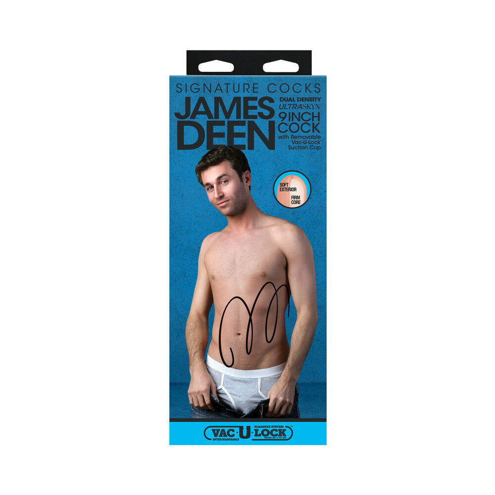James Deen 9 inch Porn Star Dildo Vac U Lock Ultraskyn packaging with model posing, showcasing product details.