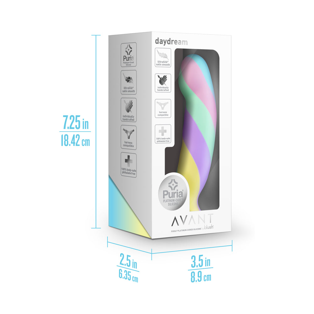 Avant Daydream Silicone Dildo packaging showcasing its dimensions and design features.