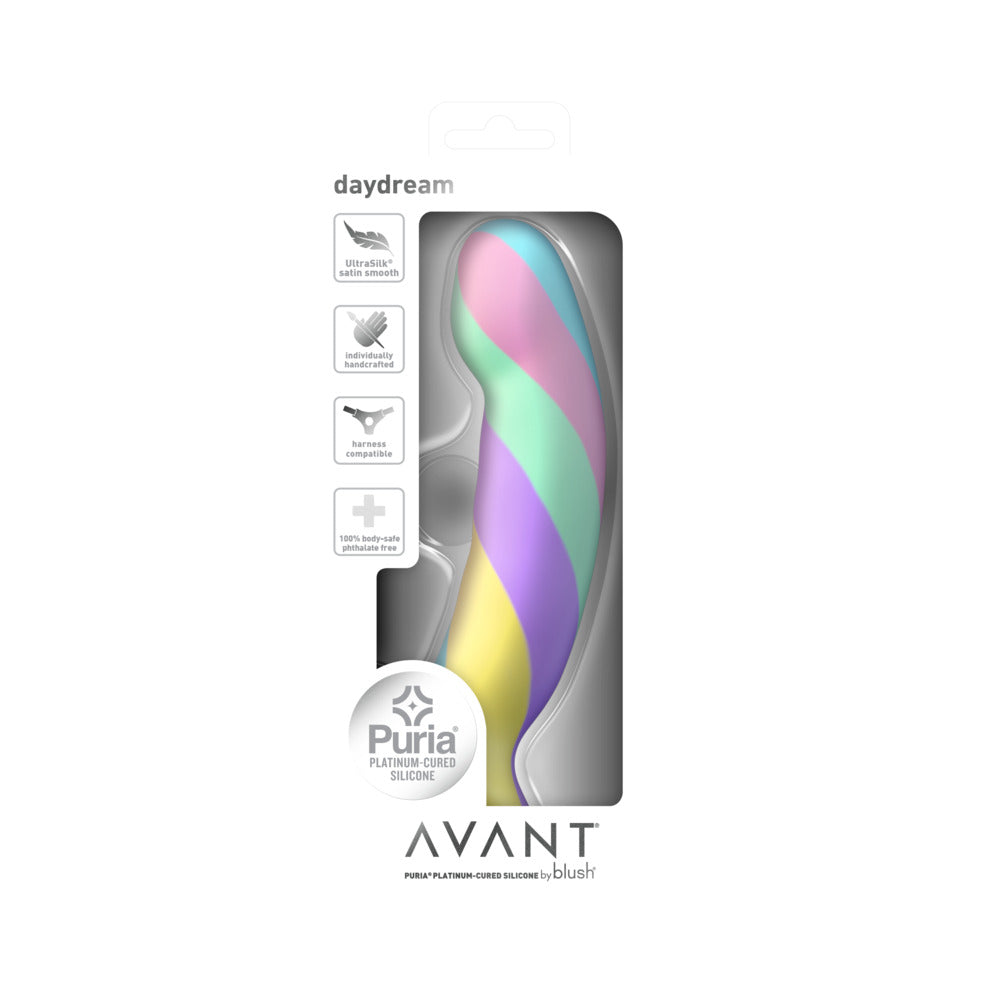 Avant Daydream Silicone Dildo in packaging with a colorful, modern design for body-focused stimulation.