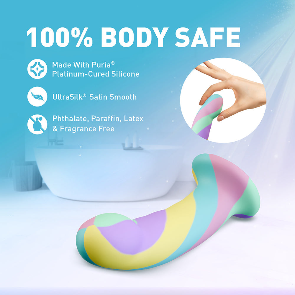 Avant Daydream Silicone Dildo displaying its 100% body safe features and vibrant design.