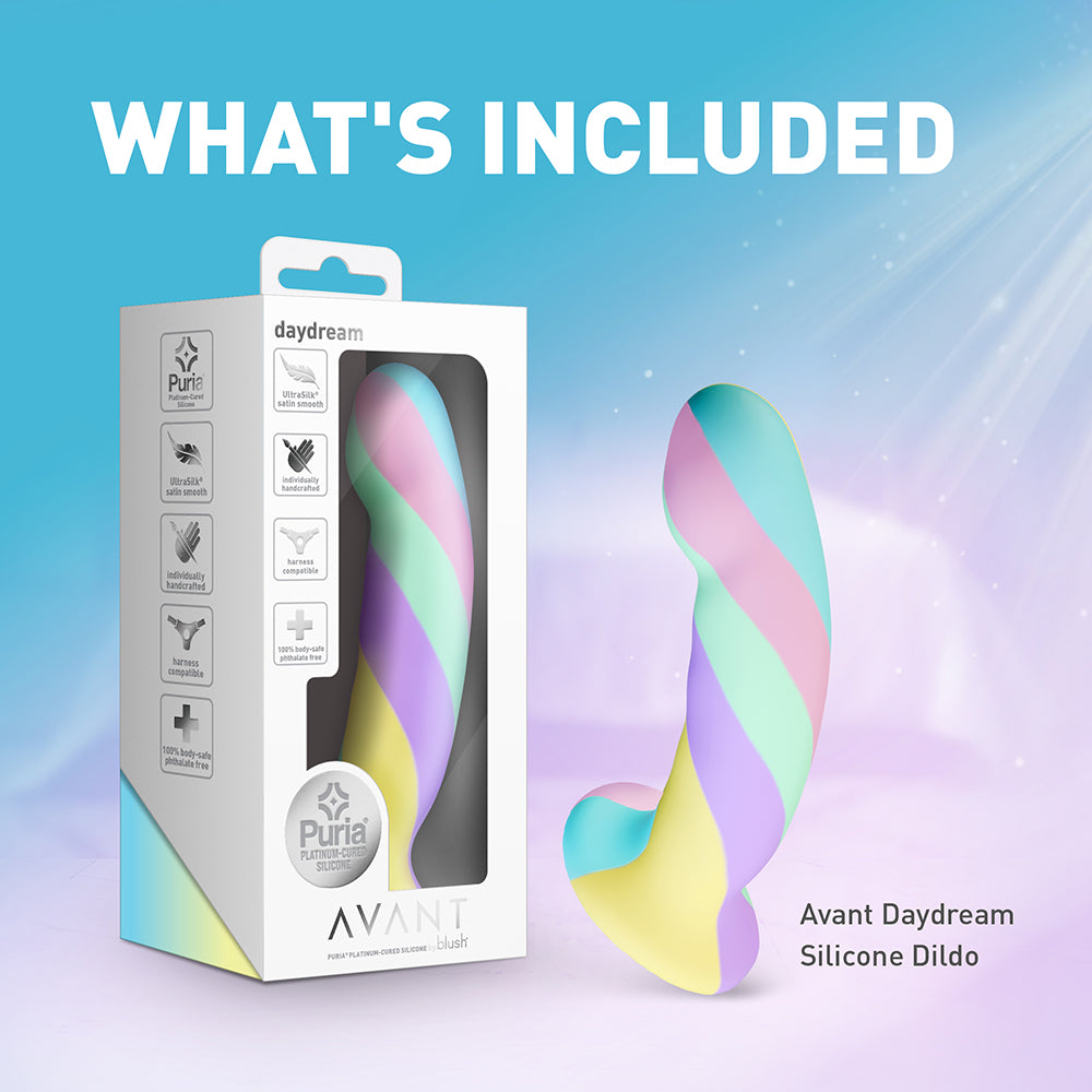 Avant Daydream Silicone Dildo in packaging, showcasing its unique design and colors, ideal for body-focused stimulation.