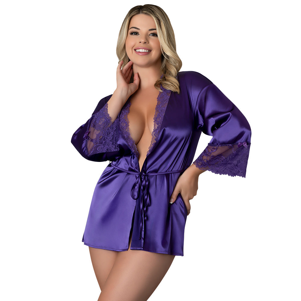 Magic Silk Satin Petals Robe Purple Queen Size worn by a smiling model showcasing lace details and satin finish.