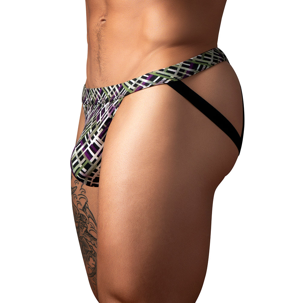 Male Power Gridlock'd Jock With Strap Print L/XL showcasing geometric print and body-hugging design.