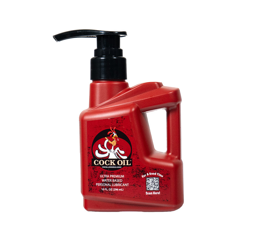 Cock Oil Water-Based Lubricant Pump Bottle 10 Oz in red container with pump, ultra premium personal lubricant.