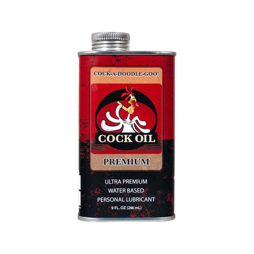 Cock Oil Water-Based Lubricant Metal Can 9 Oz featuring a vibrant red design and premium quality label.