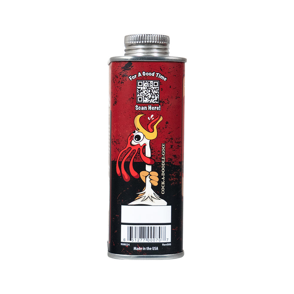 Cock Oil Water-Based Lubricant Metal Can 9 Oz featuring a playful design and QR code for easy access.
