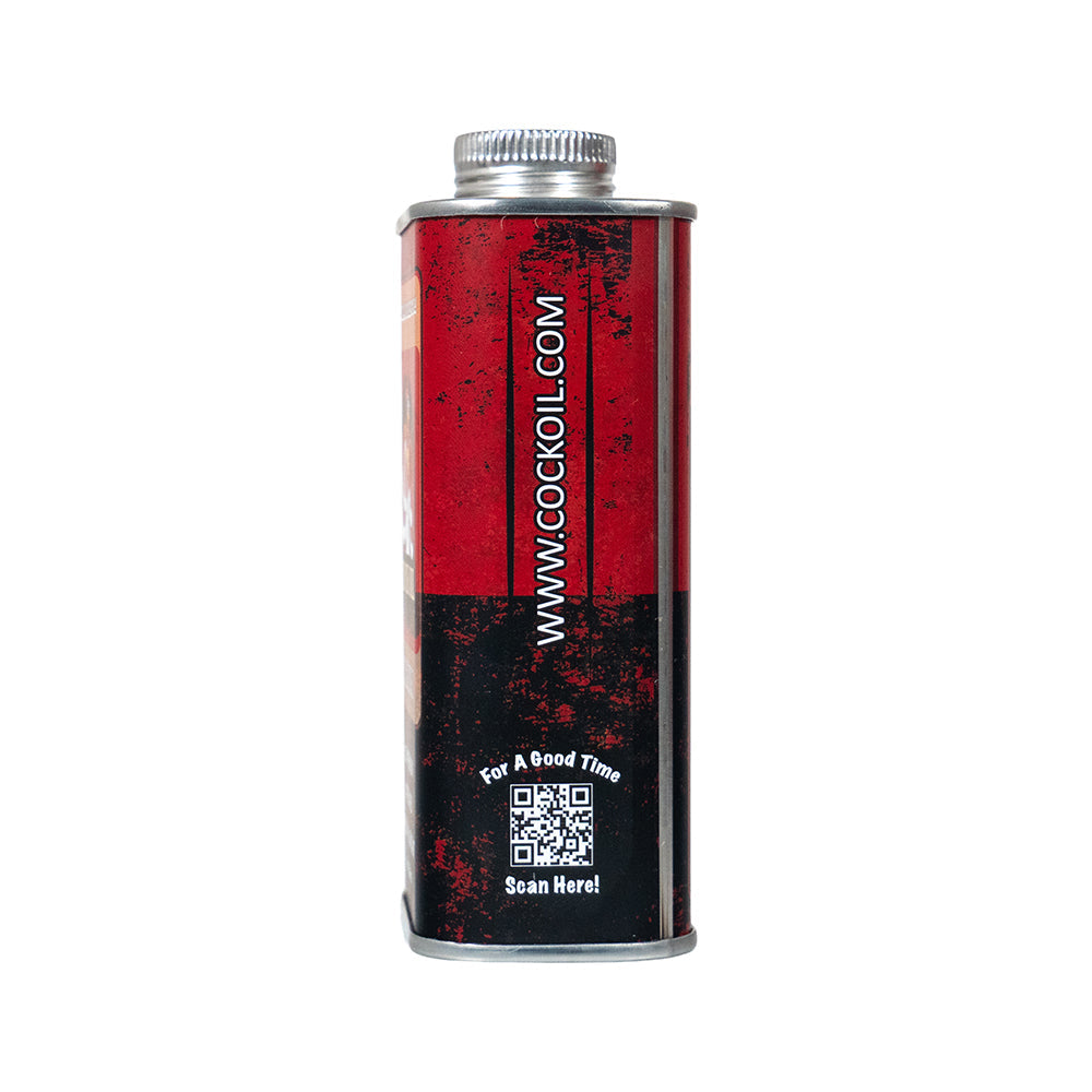Cock Oil Water-Based Lubricant Metal Can 9 Oz featuring a sleek design and QR code for easy access.