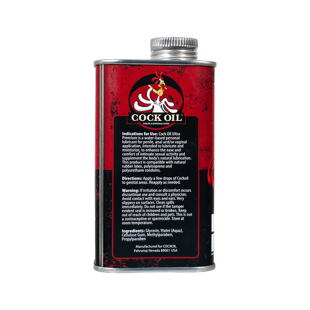 Cock Oil Water-Based Lubricant Metal Can 9 Oz with safety instructions and ingredient list.