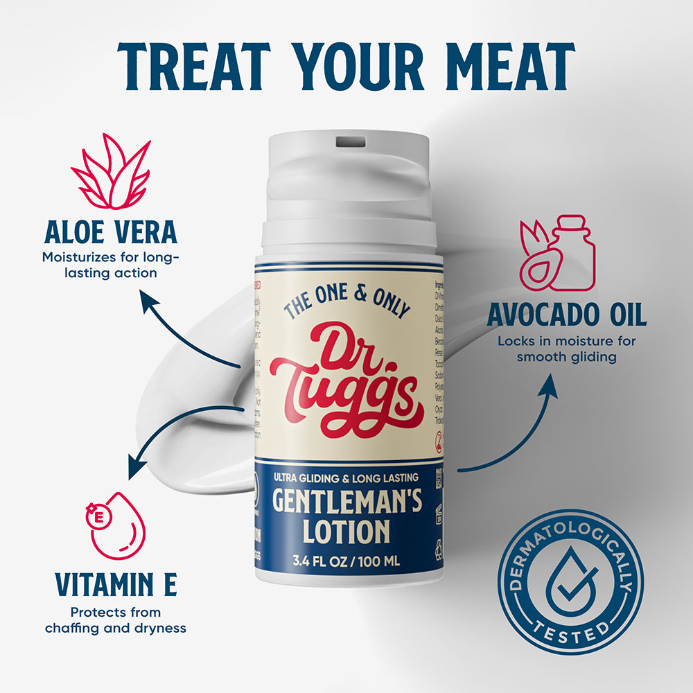 Dr Tuggs Gentlemans Masturbation Lotion 3.4 Oz with aloe vera, avocado oil, and vitamin E for comfort and glide.