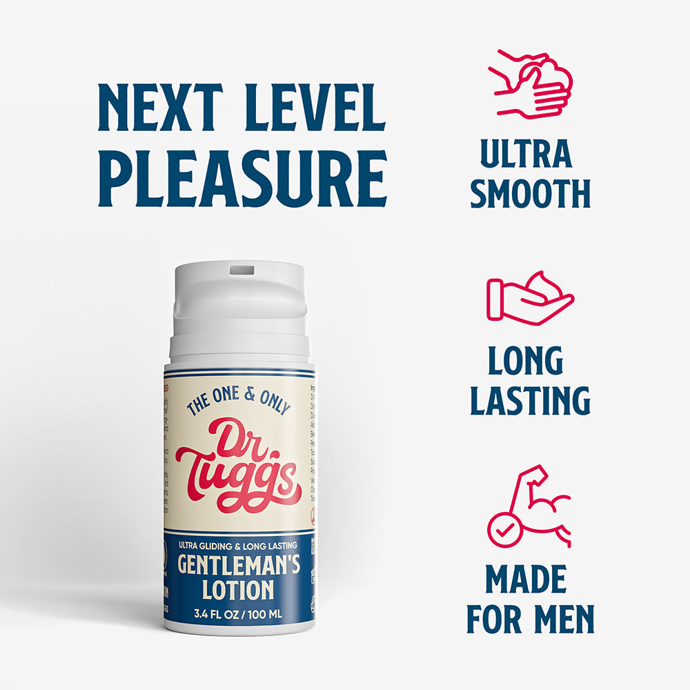 Dr Tuggs Gentlemans Masturbation Lotion 3.4 Oz bottle showcasing ultra smooth, long lasting, made for men features.