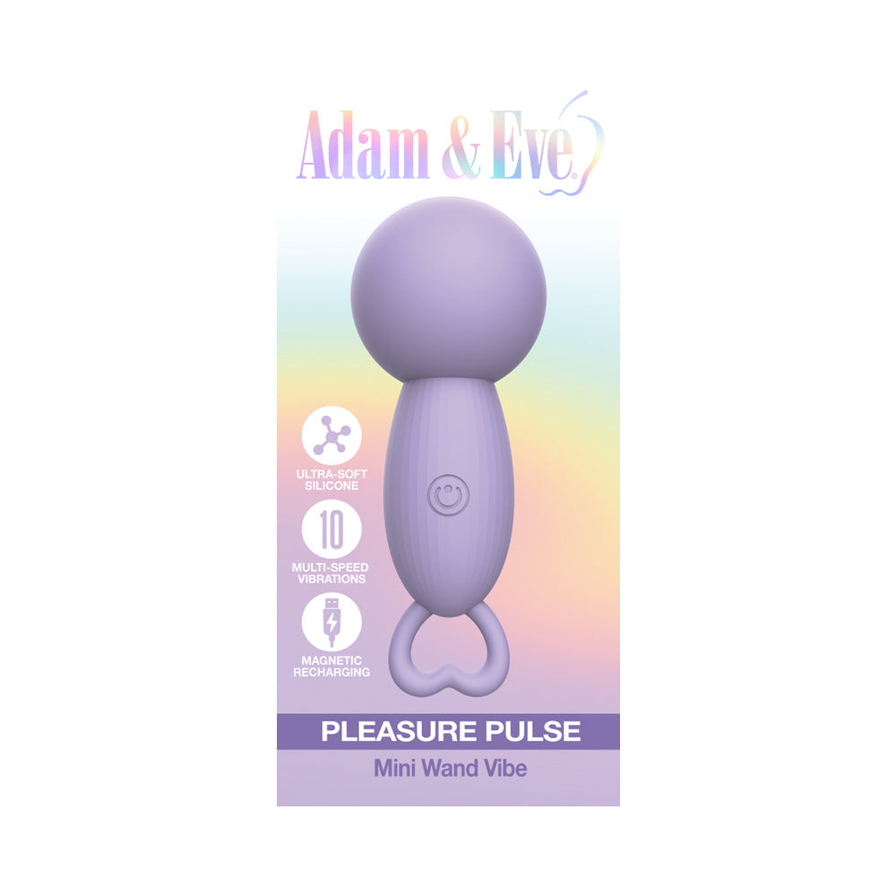 Adam & Eve Pleasure Pulse Mini Wand Vibe in a sleek, lavender design displaying 10 vibration settings.