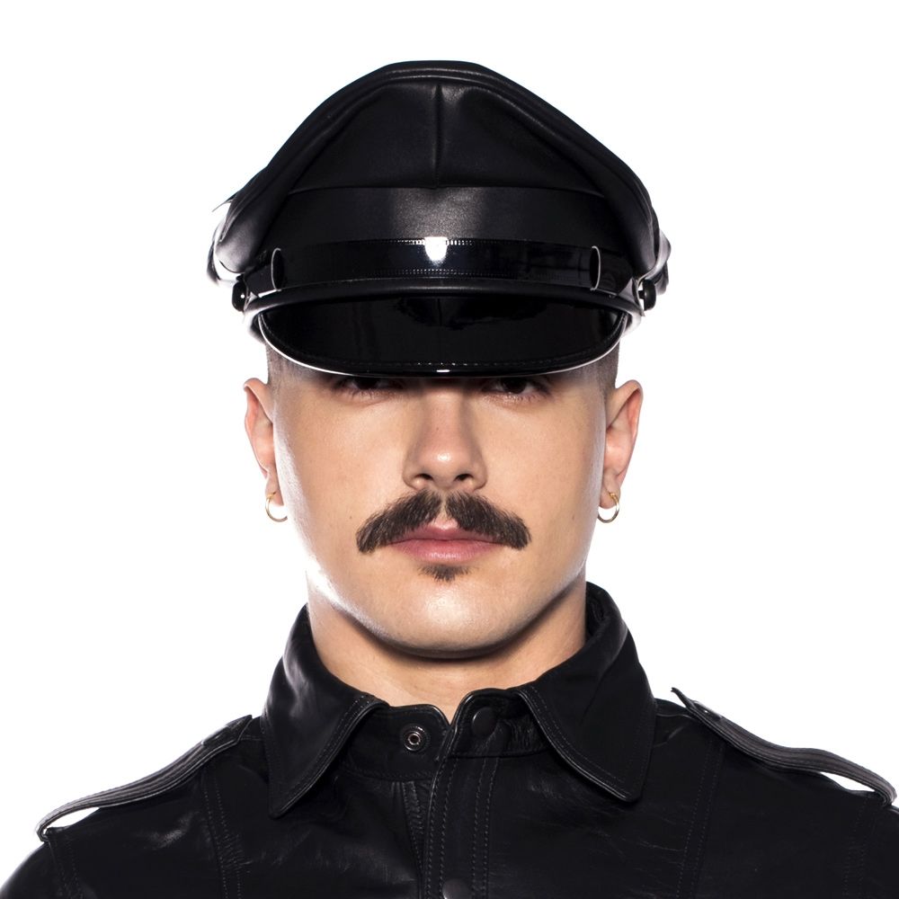 Prowler RED Military Cap Large 59cm Black worn by a model in a leather outfit.