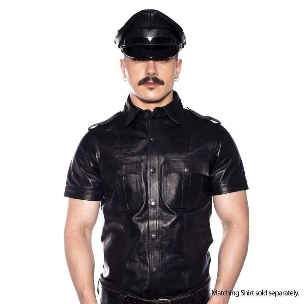 Prowler RED Military Cap Large 59cm Black worn with a leather shirt for a bold fashion statement.